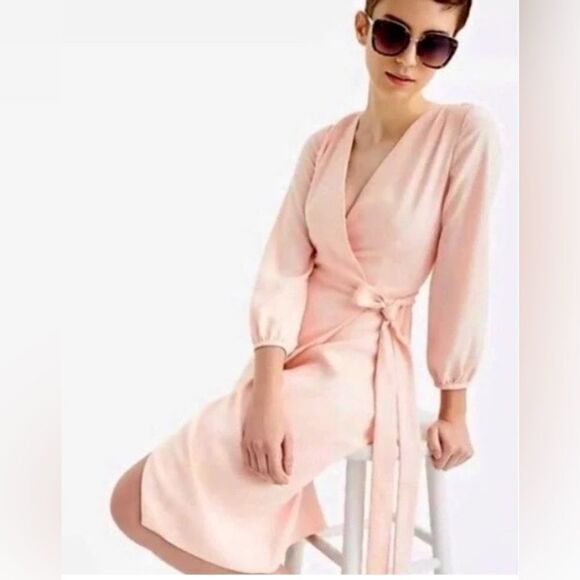 J. Crew Wrap Long Sleeve Surplice Neckline Dress Black Label in 365 Crepe Pink - Picture 1 of 13